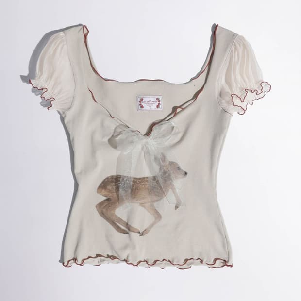 매물 최저가*스컬프터 퍼프 슬리브 크림 티 사슴 프린팅