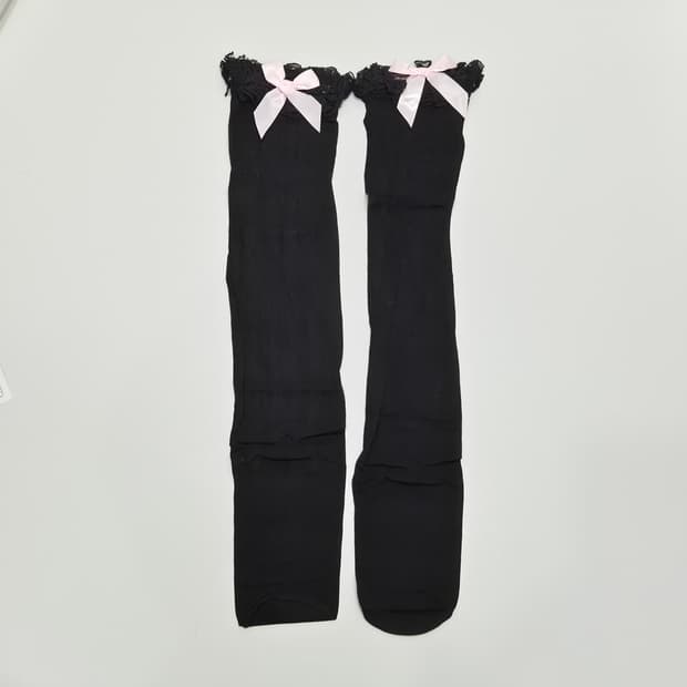 리본 레이스 블랙 스트라이프 니하이 스타킹