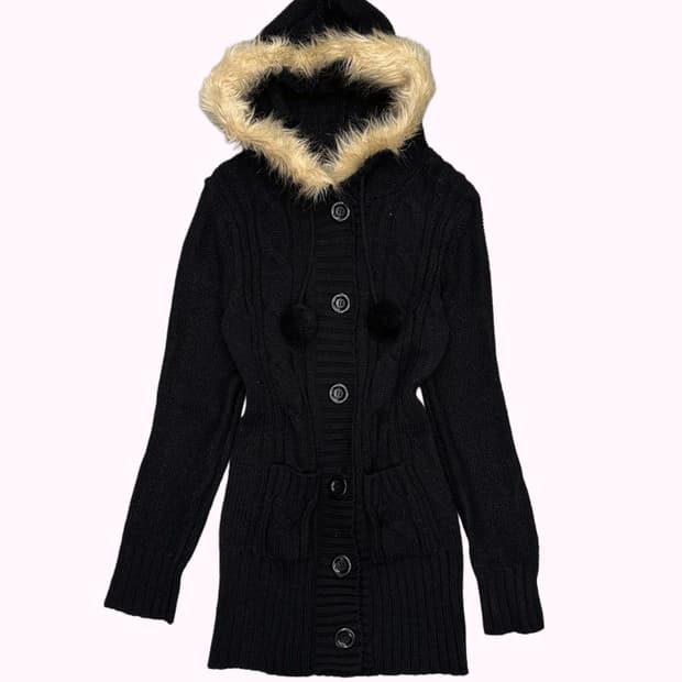 fur hood pompom knit cardigan