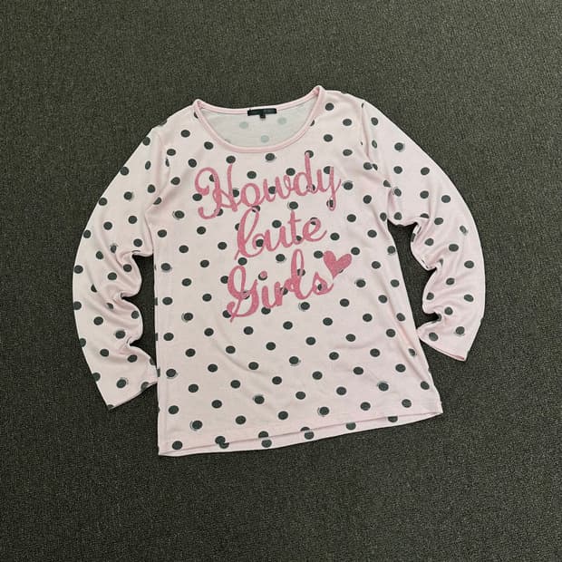 M)Japanese vintage 여성 블랙 도트 핑크 레터링 롱슬리브