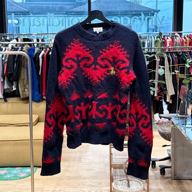 비비안 웨스트우드 맨 네이비 레드 자카드 울 니트 