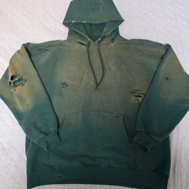 [L] 00-90s 빈티지 헤인즈 페이드 트래쉬드 그린 후드티 후디