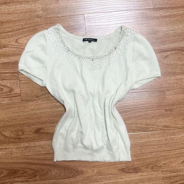 빈티지 라임 큐빅 진주 반팔 니트 히메갸루 로걀 라떼 모리걸 발레코어