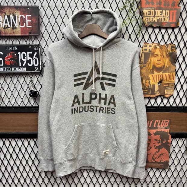 00s 알파인더스트리 후드티 전면 로고 레터링 포인트 그레이