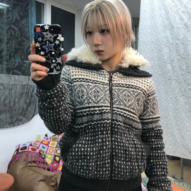 O’2nd 에스닉 니트 후드 패딩 