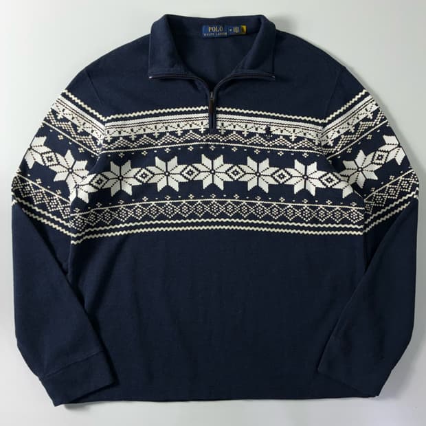 Polo  폴로 랄프로렌 자수 네이비 스노우 플레이크 반집업 니트