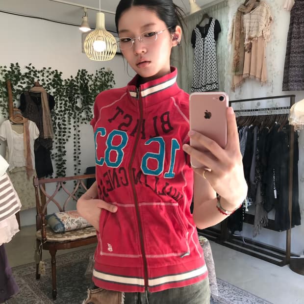 빈티지 체리레드 코르티스깔 반팔 코튼 집업