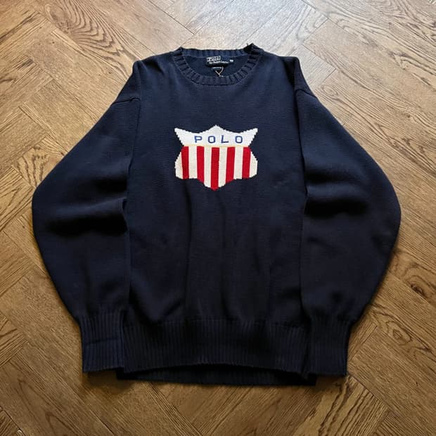 [L]90's 폴로 랄프로렌 쉴드로고 네이비 코튼 니트