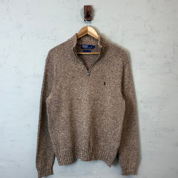폴로랄프로렌 빈티지 리사이클 코튼 브라운 반집업 니트