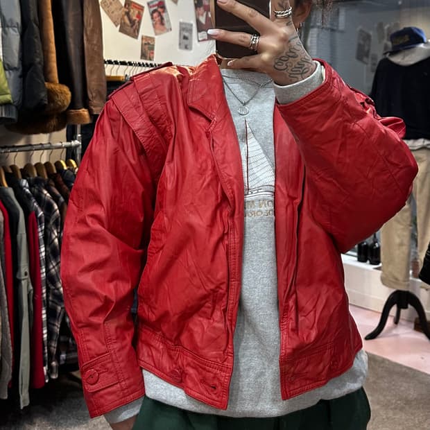 빈티지 양가죽 레드 크롭자켓L