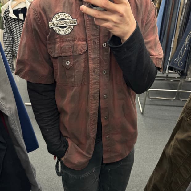 L)할리데이비슨 빈티지 자수 패치 체크 셔츠