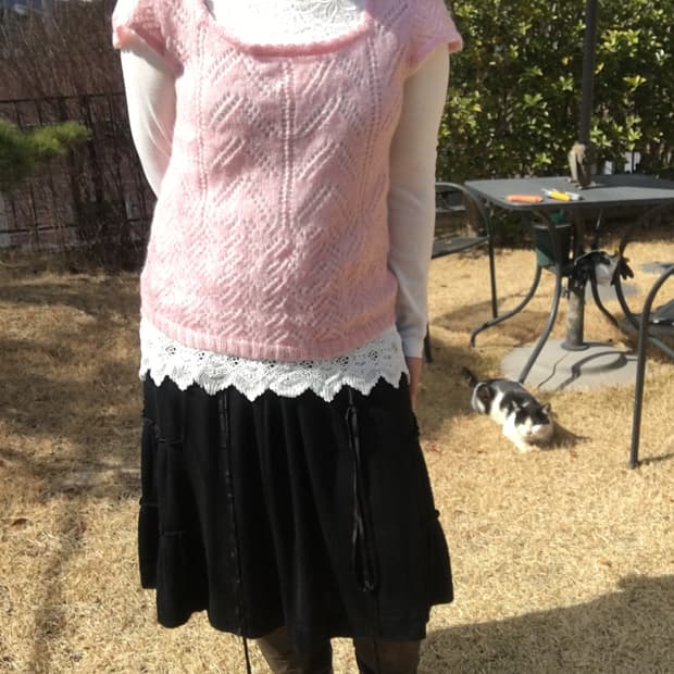 레이스 슬리브티 모헤어 반팔니트 일본빈티지 코디세트 모리코디