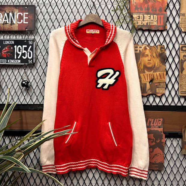 00s JPN VINTAGE 니트 전면 빅로고 포인트 레드 아이보리