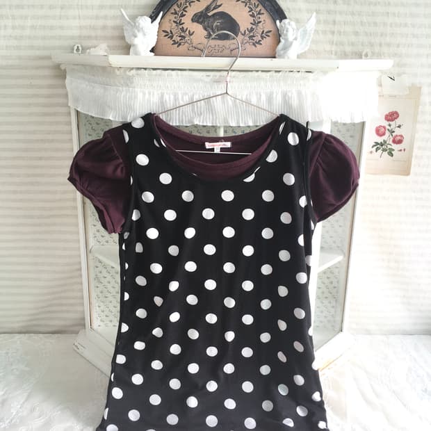 Set) 폴카 도트 슬리브리스 + 버건디 퍼프 반팔