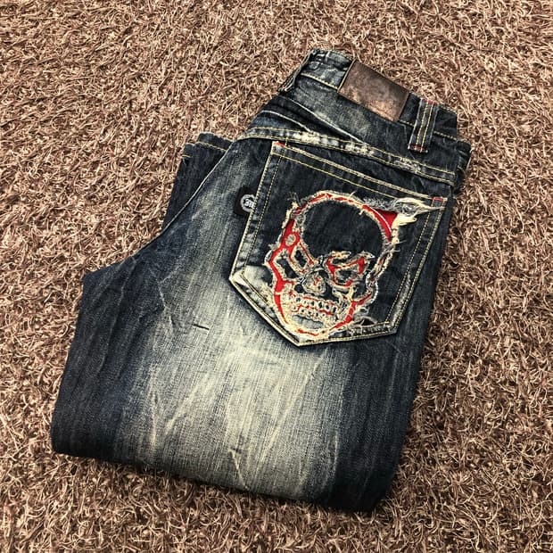 빈티지 스컬 워싱 데님 팬츠