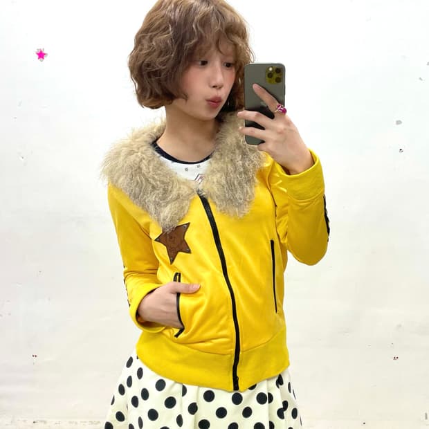 Retro Star Glossy Yellow Fur Track Top