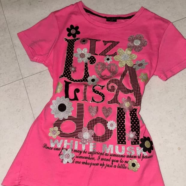 리즈리사 핫핑크 반팔 프린팅 티셔츠 슬림핏 갸루