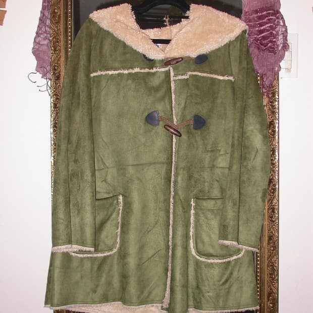 Vintage khaki suede fur duffel coat