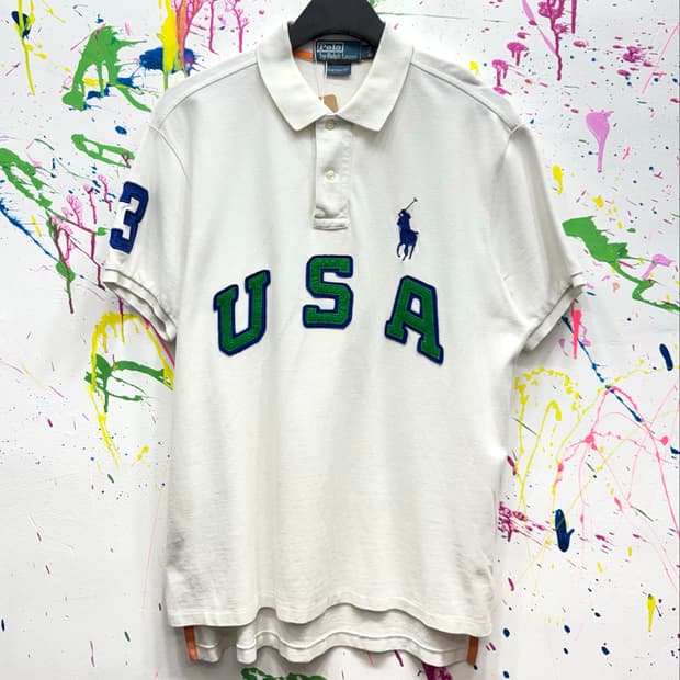 폴로 랄프로렌 커스텀핏 USA 로고 빅포니 반팔 카라티 화이트 L