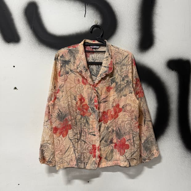 VTG 빈티지 뮤트톤 오리엔탈 플라워 패턴 오간자 시스루 블라우스 자켓