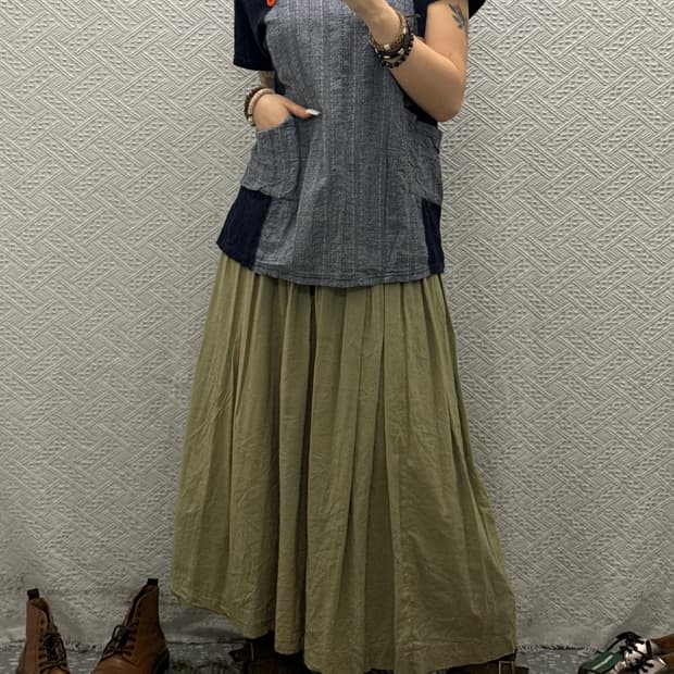 빈티지 포레스트 모리 말차카키 셔링 플레어 시어 롱스커트 K0125