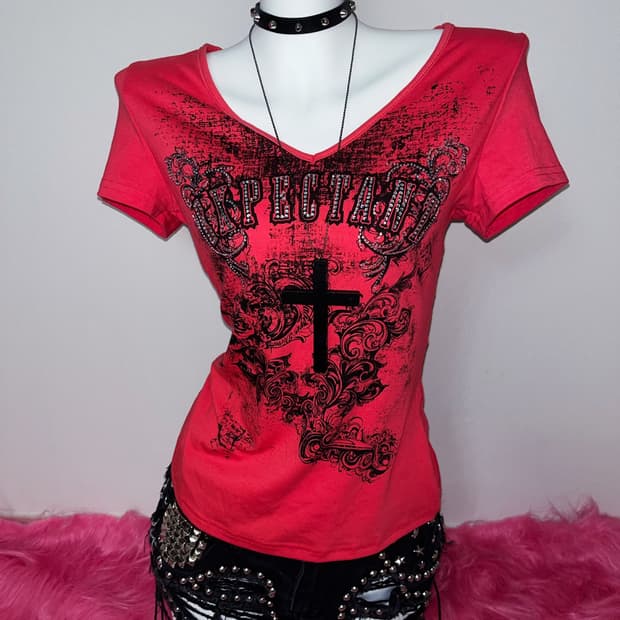 그런지 펑크 그래픽 큐빅 슬림핏 반팔티