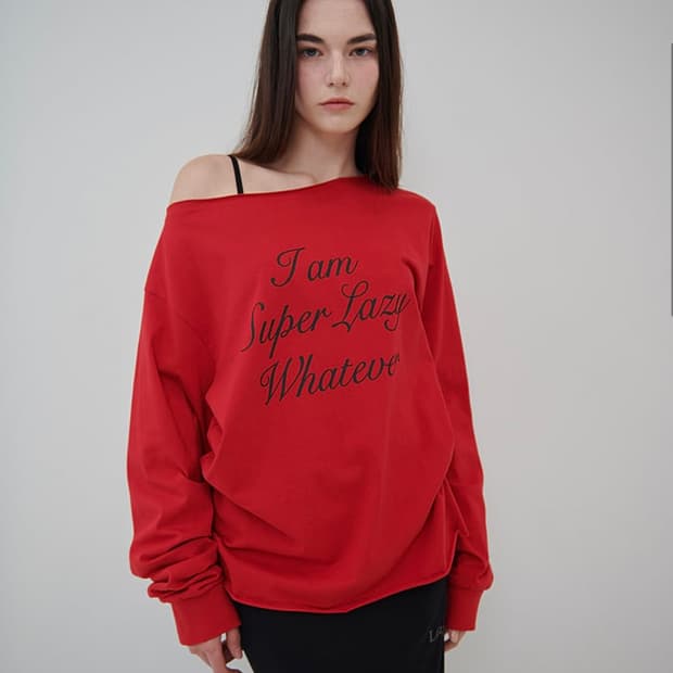 레이지 오프숄더 롱슬리브 티셔츠 - 레드