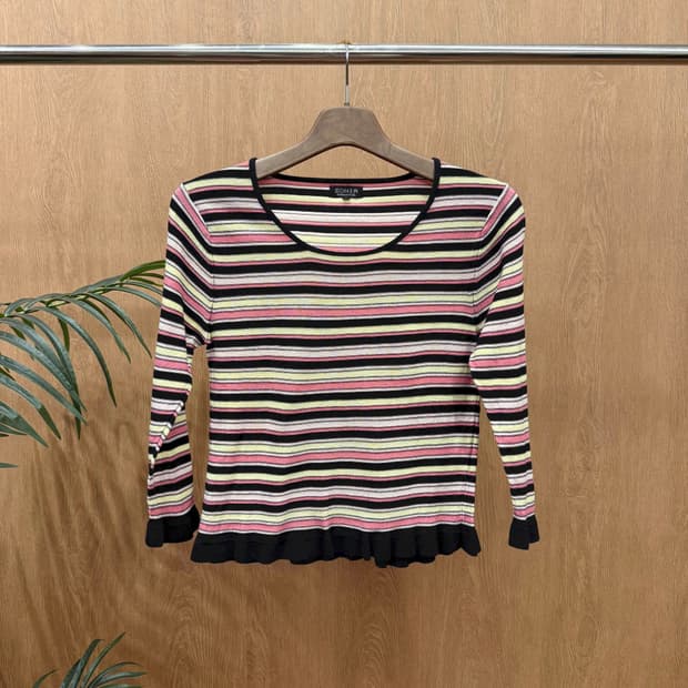 소니아 리키엘 스트라이프 패턴 긴팔 니트 프릴 밑단 디테일 블랙 배색