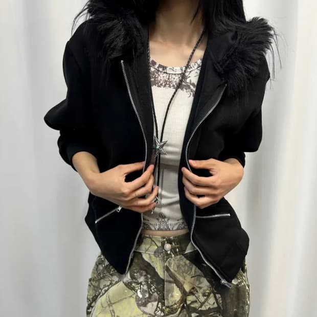 블랙 퍼 후드집업