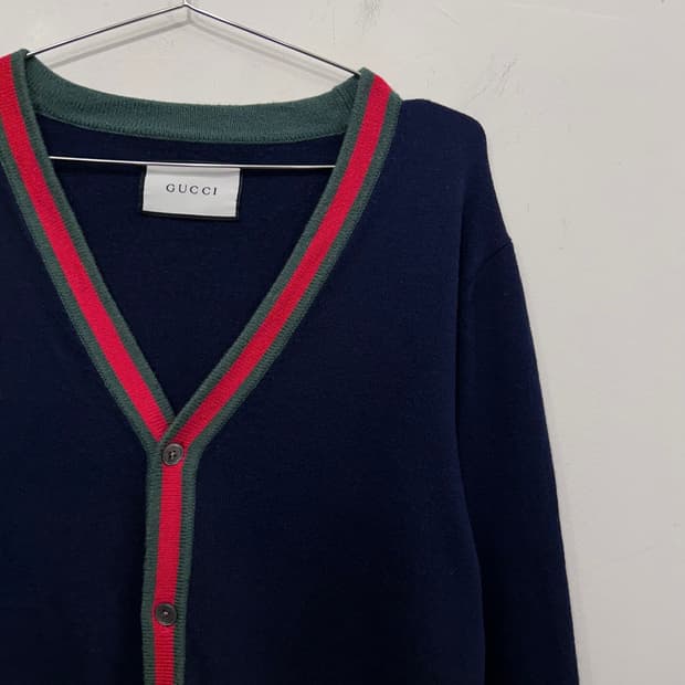 구찌 삼선 웹 울케시미어 브이넥 니트 가디건