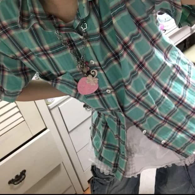 민트 체크 반팔 셔츠 남방 하구미 일본빈티지 카모메산장 마루빈티지