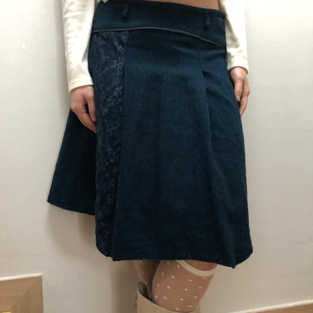 빈티지 다크네이비 레이스 울 플리츠 스커트