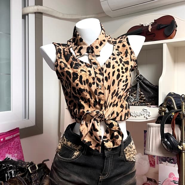 오네갸루 레오파드 트임 슬리브리스 셔츠 y2k대장 핀터 일본빈티지 00s