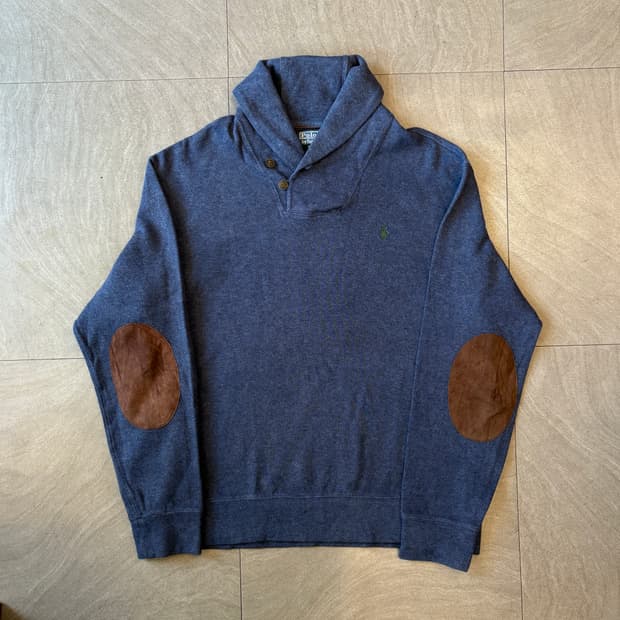 폴로 네이비 코튼 숄카라 엘보우 패치 니트