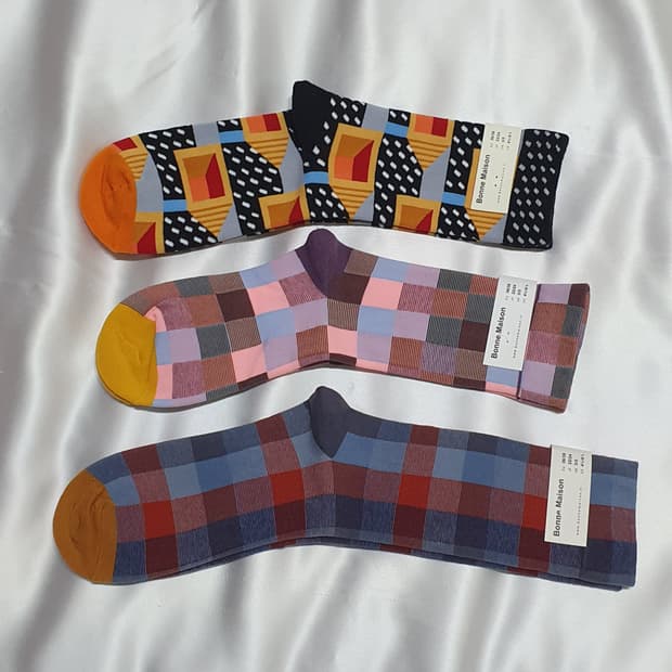 오렌지 옐로우 블루 레드 체크 Bonne Maison 본메종 양말