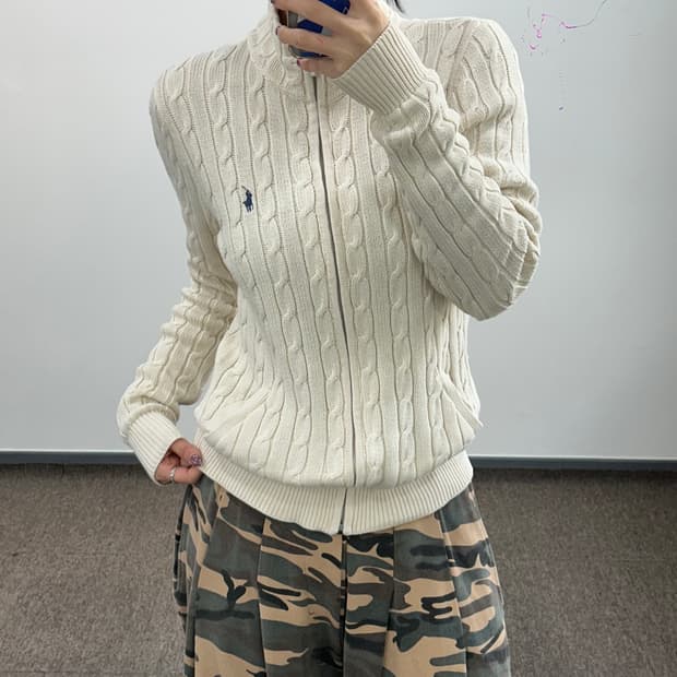 Polo 폴로 네이비포니 아이보리 케이블 니트집업