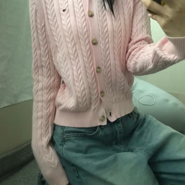 타미힐피거 연핑크 케이블 가디건