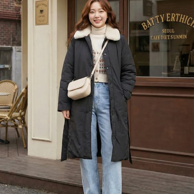 에디바우어 리얼 무스톤 구스다운 벨티드 롱코트