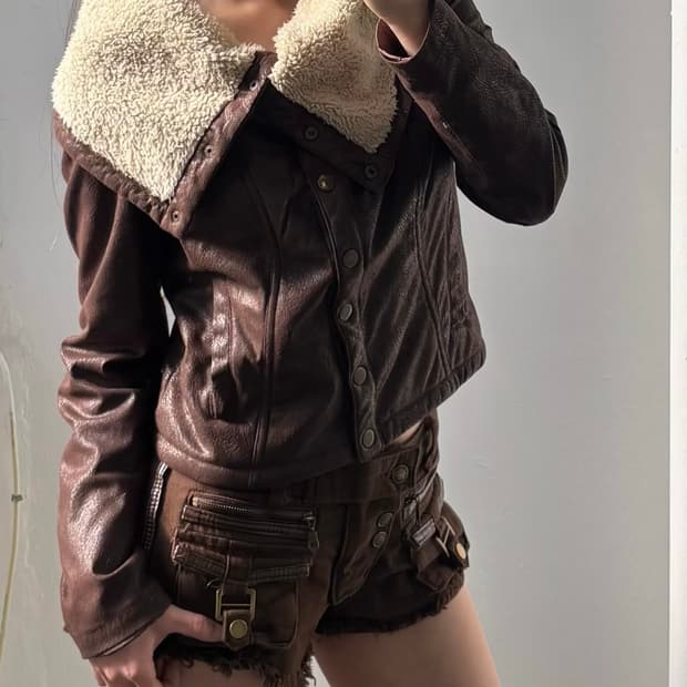 Vintage Brown Leather Fur Button Jacket