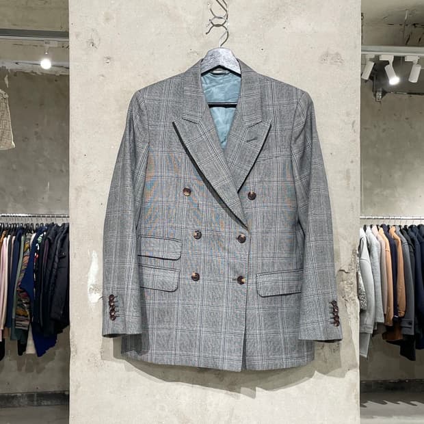 구찌 그레이 티켓 포켓 2B 더블 라나울 체크 블레이저