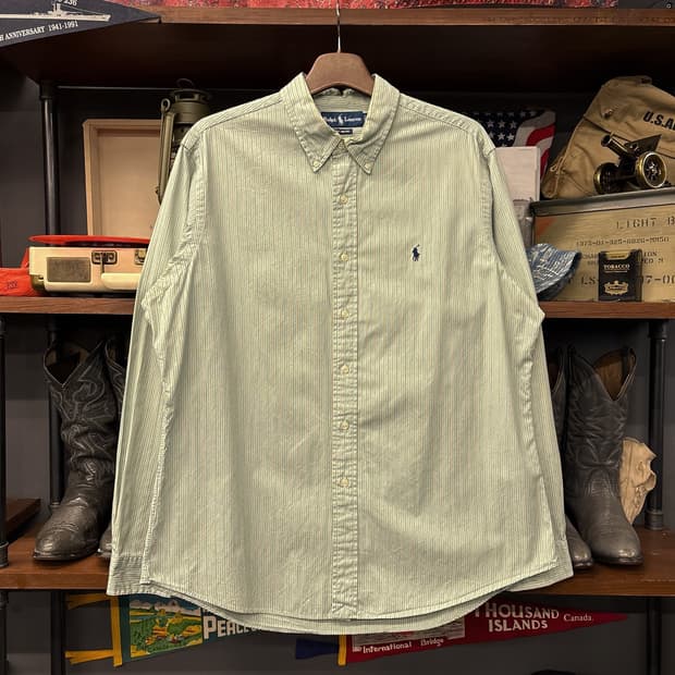 00s 폴로 랄프로렌 커스텀핏 민트브라운 스트라이프 버튼다운셔츠 N793