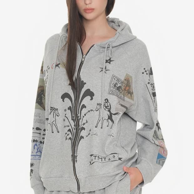 투머치택스 프린트 와플 집업 후디 그레이