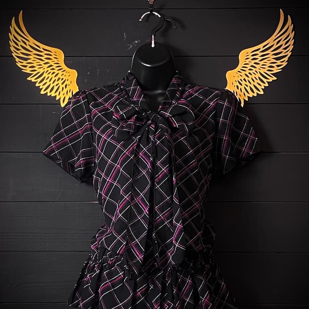 JPN 갸루 핑크 체크 패턴 블랙 쉬폰 블라우스 셔츠 탑