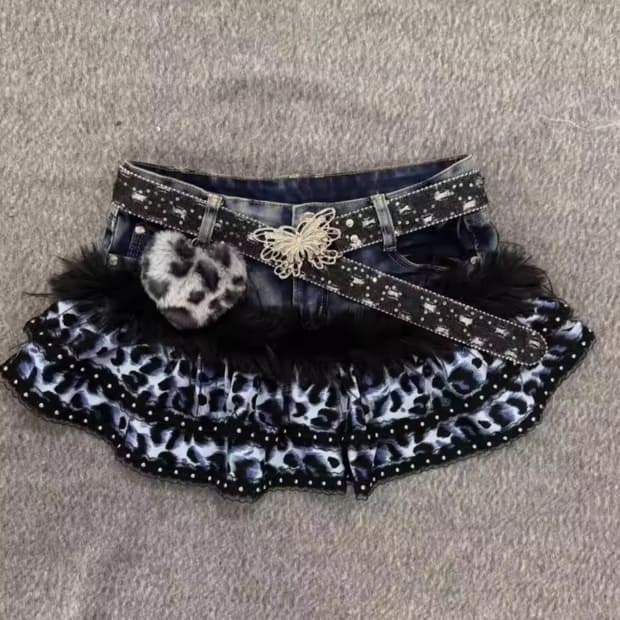 빈티지) y2k 지뢰계 호피 블랙 오네갸루st 나비 퍼 캉캉 데님스커트