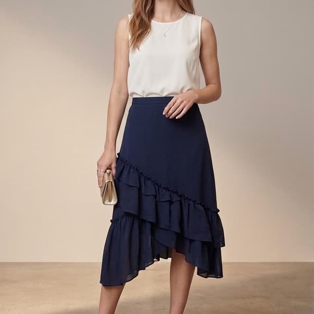 🌸가격인하 | 하객룩 언발 러플 미디 스커트 55 | 네이비