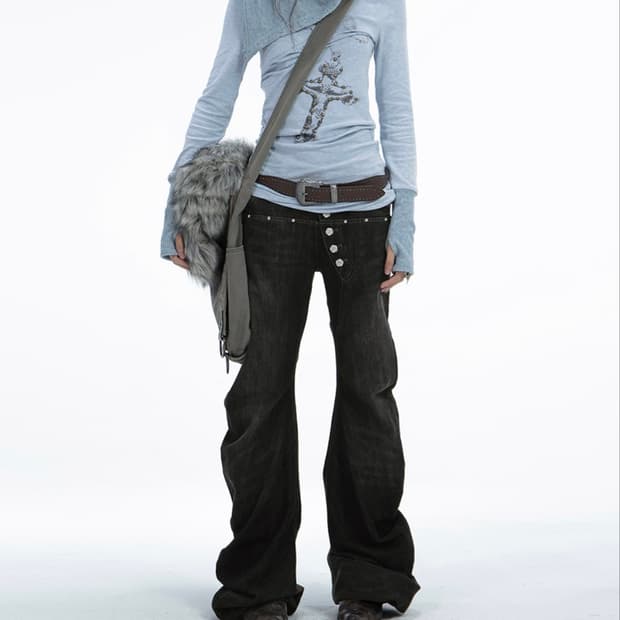 Flower button Dark Gray Denim Pants