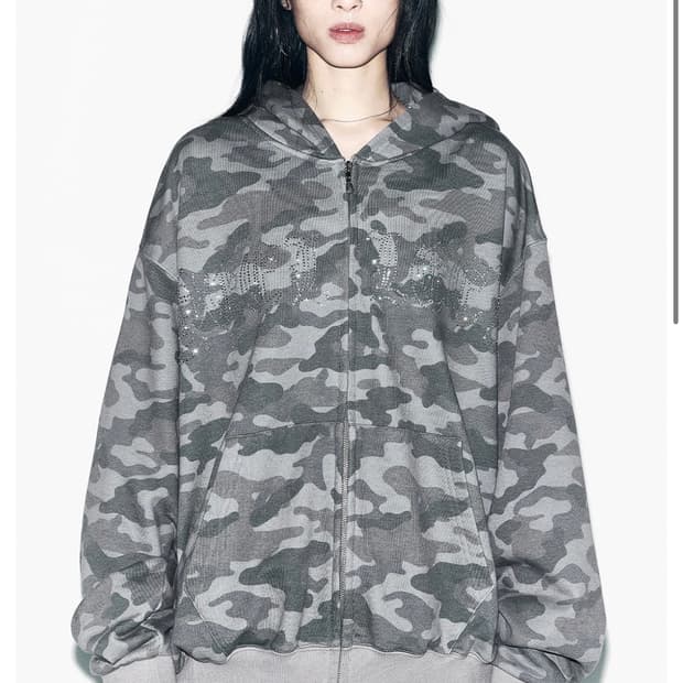 leey STUDDED ZIP-UP HOODIE CAMO 리 카모 후드