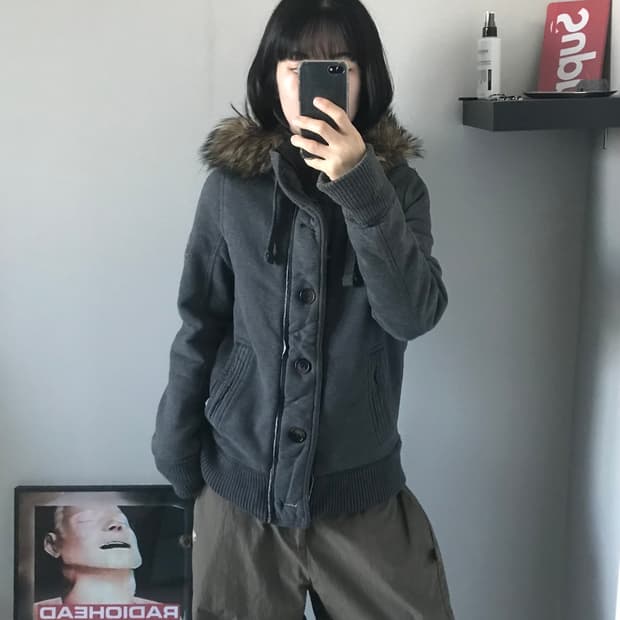 아베크롬비 헤비 코튼 차콜 울프죠 후드집업