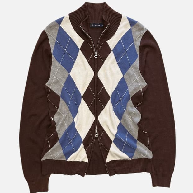 brown argyle knit zip-up