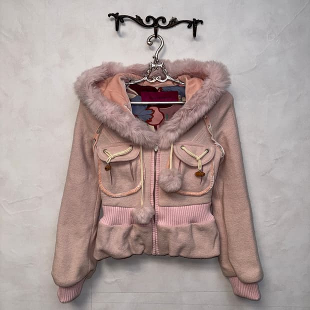 Baby pink oriental rabbit fur hood zipup